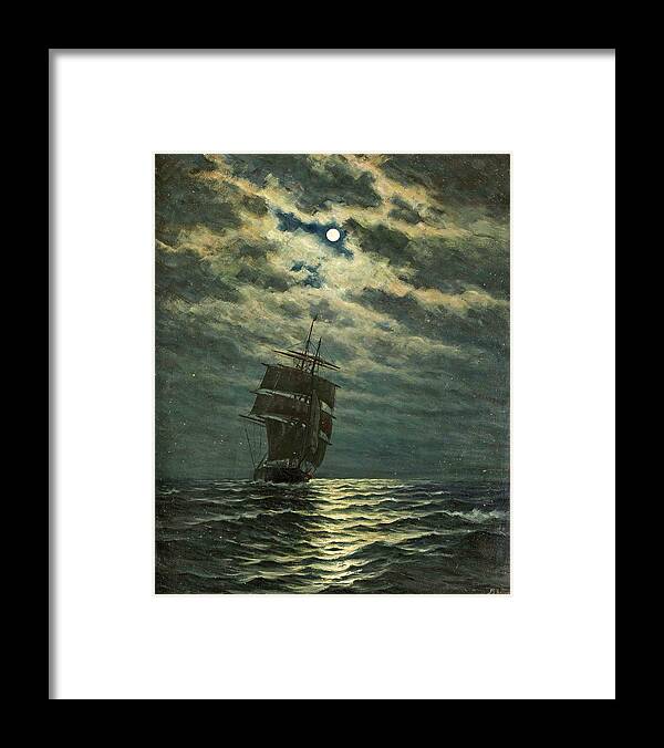 Martin Aagaard Framed Print featuring the painting Ship in the Moonlight by Martin Aagaard