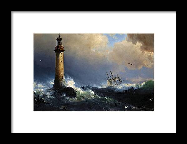 Attributed To Vilhelm Melbye Framed Print featuring the painting Shipping off the Eddystone Lighthouse by Attributed to Vilhelm Melbye