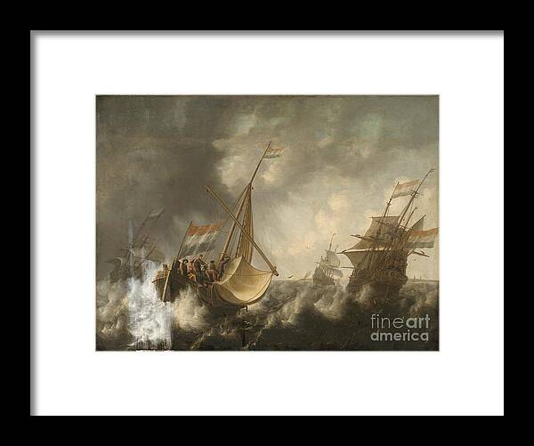 Ships In A Storm Jacob Adriaensz. Bellevois (dutch Framed Print featuring the painting Ships in a Storm by MotionAge Designs