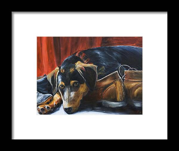 Dog Framed Print featuring the painting Shoe dog by Nik Helbig