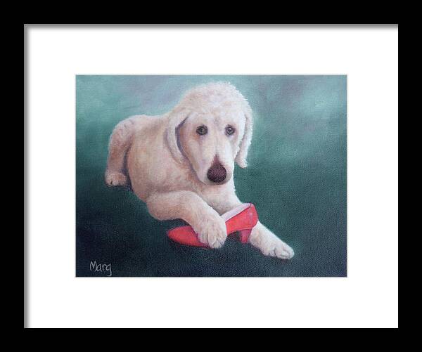 Dog With Shoe Framed Print featuring the painting Shoe Fetish by Marg Wolf