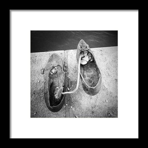 Shoes Framed Print featuring the photograph Shoes memorial Budapest black and white by Matthias Hauser