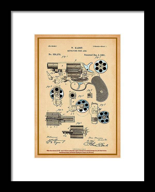 Gun Framed Print featuring the digital art Short Revolver Patent Drawing by Carlos Diaz