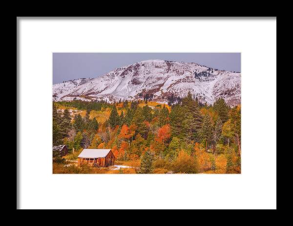 Landscape Framed Print featuring the photograph Sierra Cabin With Autumn Colors and Snow by Marc Crumpler