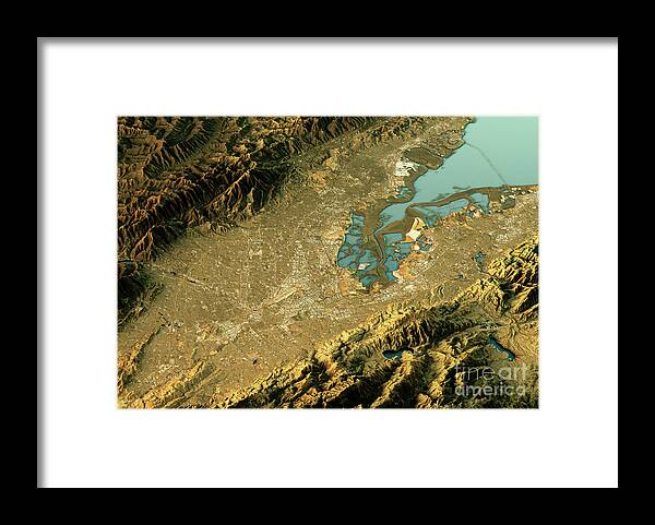 Silicon Valley Framed Print featuring the digital art Silicon Valley 3D Landscape View East-West Natural Color by Frank Ramspott