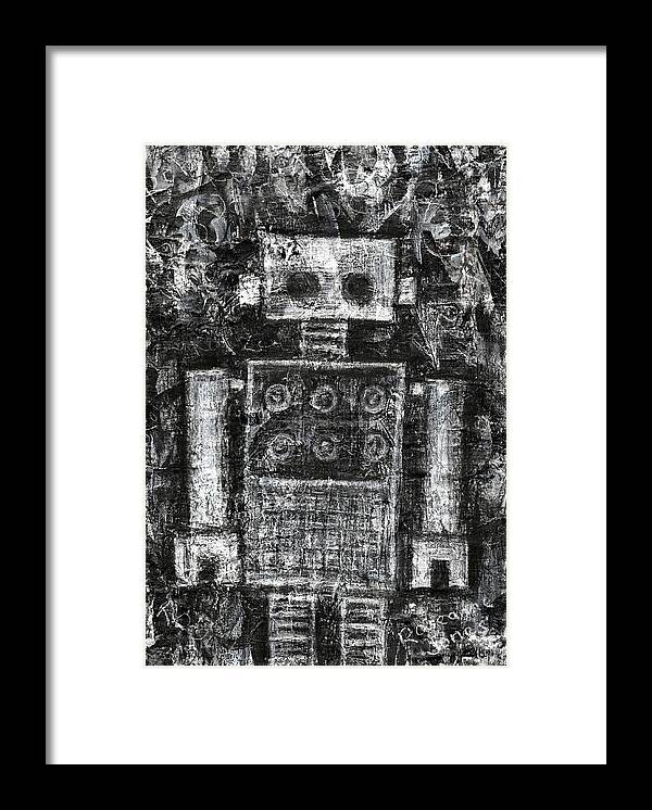 Robot Framed Print featuring the painting Silver Scene Robot by Roseanne Jones