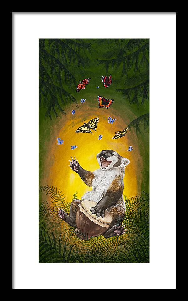 Badger Animal Mustelid Butterflies Happy Drum Music Cartoon Anthropomorphic Forest Nature Wildlife Animals Drumming Framed Print featuring the painting Simple Pleasures by Beth Davies