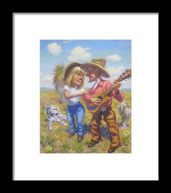 A Girl And Boy Western Band The Boy Is Holding A Guitar. The Girl Is Holding The Boy's Arm. There's A Catcus And A Faithful Dalmatian Dog In The Background Framed Print featuring the painting Singing New Mexico Lovers by Texas Tim Webb