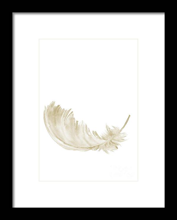 Gold Feather Framed Print featuring the painting Single gold feather lying upright by Joanna Szmerdt