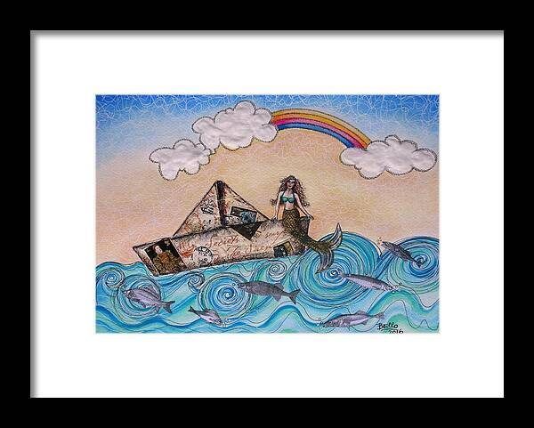 Mixed Media Framed Print featuring the mixed media Siren on a paper boat by Graciela Bello