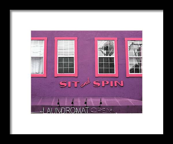 Sit And Spin Framed Print featuring the mixed media Sit And Spin Laundromat Purple- by Linda Woods by Linda Woods