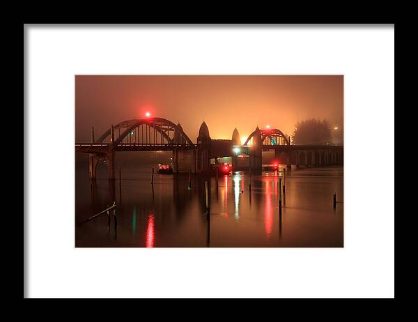 Night Bridge Framed Print featuring the photograph Siuslaw River Bridge at Night by James Eddy