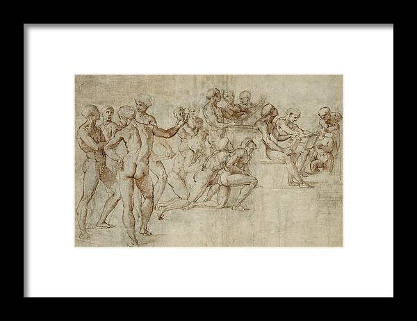 Raphael Framed Print featuring the drawing Sketch for the lower left section of the Disputa by Raphael