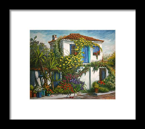 Oil Painting Framed Print featuring the painting Skiathos kalivi by Yvonne Ayoub