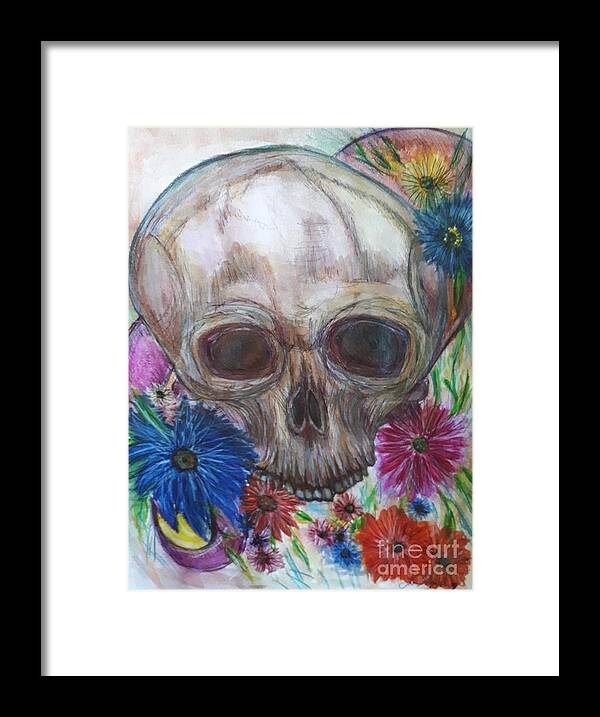 Skull Framed Print featuring the drawing Skull with flowers and ribbon by Lisa Koyle