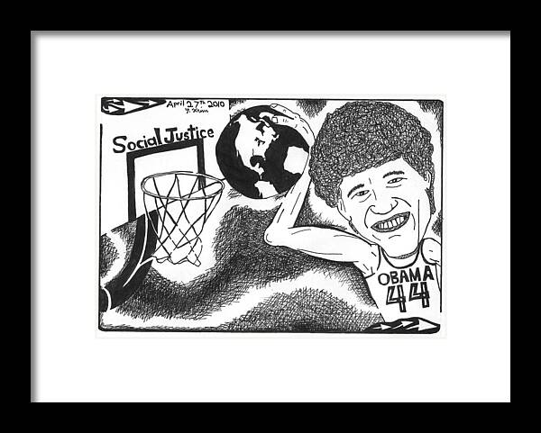 Obama Framed Print featuring the drawing Slam Dunk Social Justice by Yonatan Frimer Maze Artist