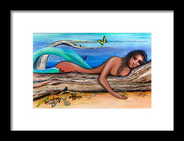 Ocean Framed Print featuring the painting Sleeping on Driftwood by Theresa LaBrecque