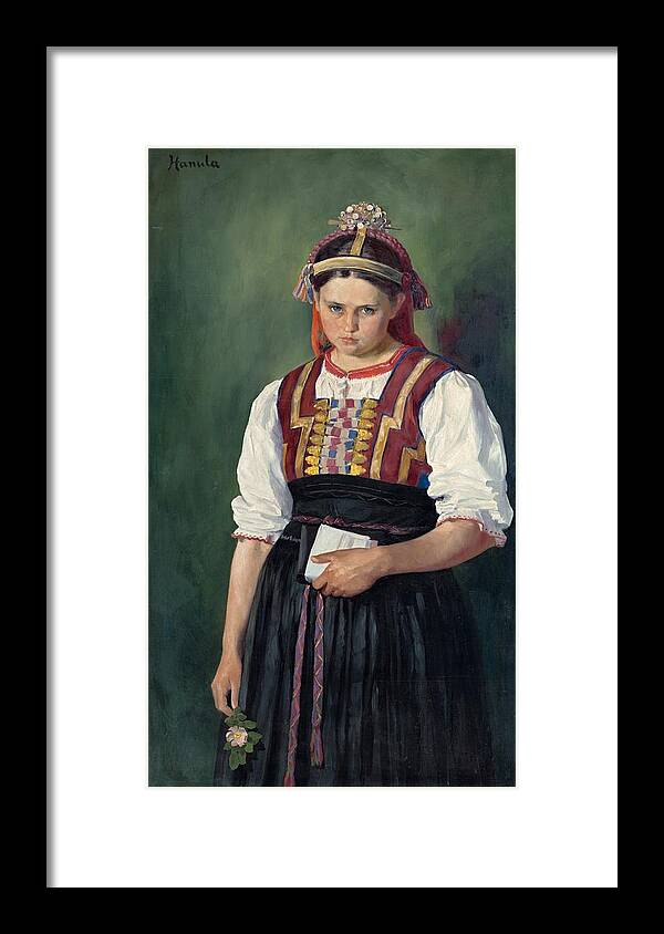 Slovak Costume Framed Print featuring the painting Slovak girl in costume, Jozef Hanula, ca 1910 by Vincent Monozlay