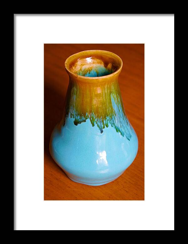  Framed Print featuring the ceramic art Small Turquoise Vase with Honey Amber by Polly Castor