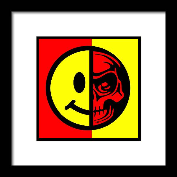 Skull Framed Print featuring the painting Smiley Face Skull Yellow Red Border by Tony Rubino