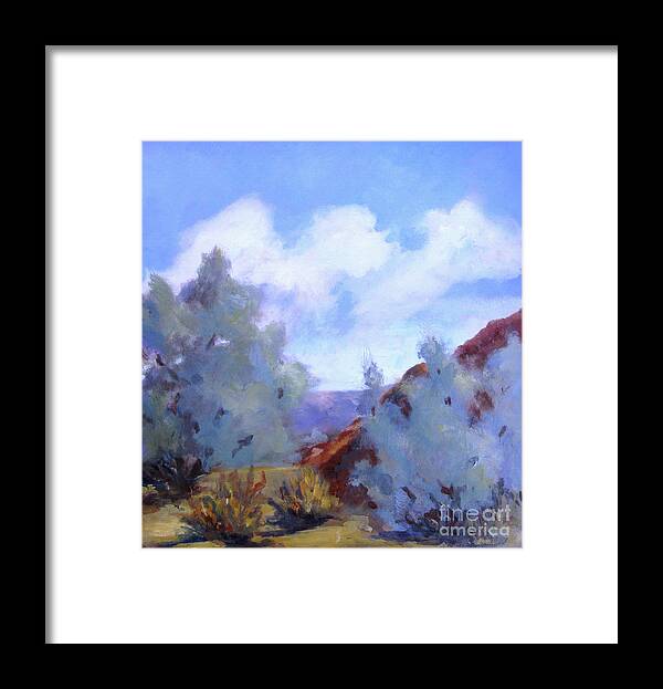 Landscape Framed Print featuring the painting Smoke Trees in Bloom in Palm Desert by Maria Hunt