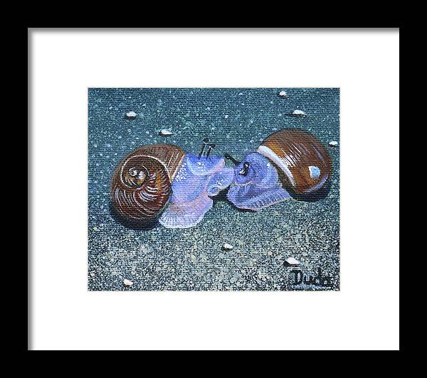 European Brown Snail Framed Print featuring the painting Snail Kisses by Susan Duda