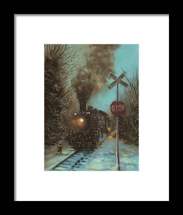 Steam Engine Framed Print featuring the painting Snow and Steam by Tom Shropshire
