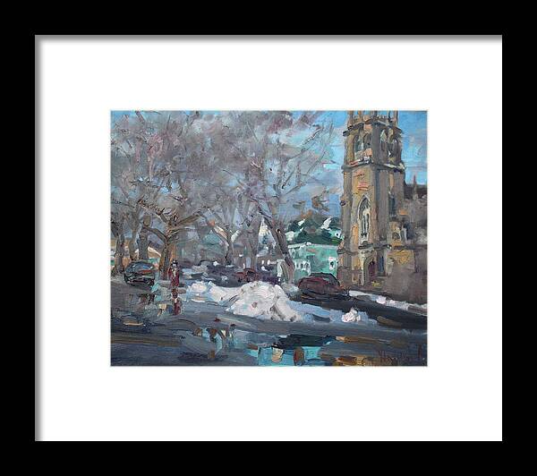 Winter Framed Print featuring the painting Snow Day at 7th st by Potters House Church by Ylli Haruni