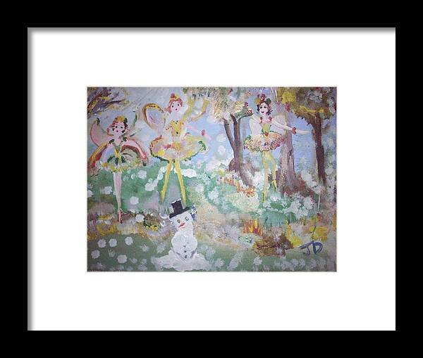 Snowman Framed Print featuring the painting Snow fairies by Judith Desrosiers