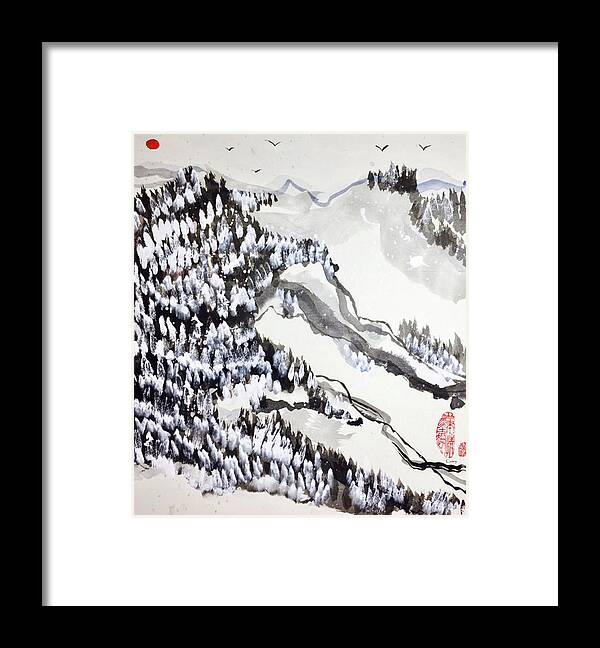 Sumi Framed Print featuring the painting Snow Forest by Casey Shannon