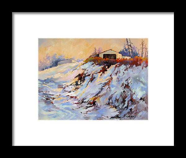 Landscape Framed Print featuring the painting Snow Glow by Rae Andrews