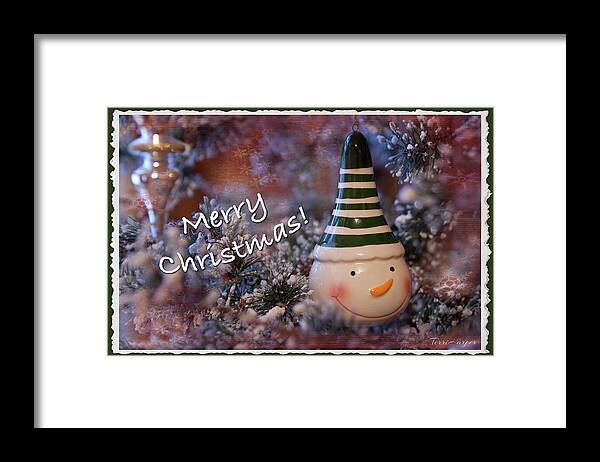 Christmas Card Framed Print featuring the photograph Snow Man Smile by Terri Harper