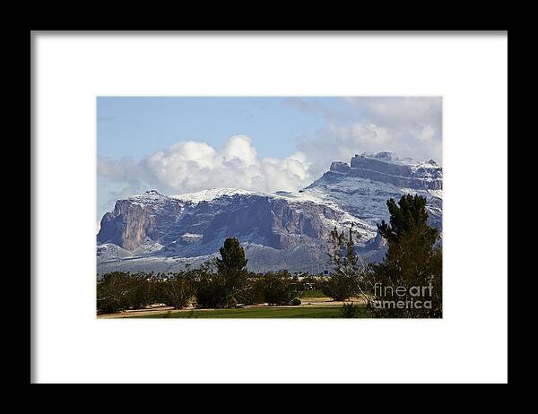 Arizona Framed Print featuring the photograph Snow on Superstitions by Kathy McClure