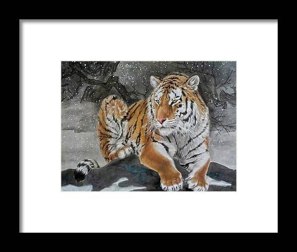 Art Ink Painting Framed Print featuring the drawing Snow Tiger by Olga Sumarokova