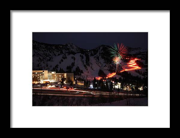 Landscape Framed Print featuring the photograph Snowbird Torchlight Parade and Firework by Brett Pelletier