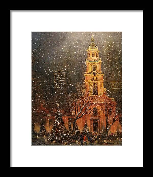 Cathedral Square Framed Print featuring the painting Snowfall in Cathedral Square - Milwaukee by Tom Shropshire