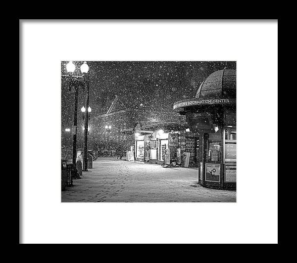 Harvard Framed Print featuring the photograph Snowfall in Harvard Square Cambridge MA Kiosk Black and White by Toby McGuire
