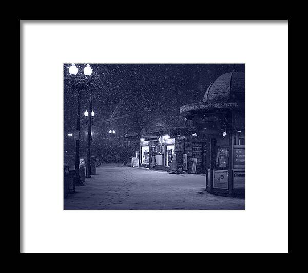 Harvard Framed Print featuring the photograph Snowfall in Harvard Square Cambridge MA Kiosk Monochrome Blue by Toby McGuire