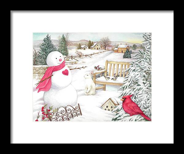 Winter Wonderland Framed Print featuring the painting Snowman Cardinal in Winter Garden by Judith Cheng
