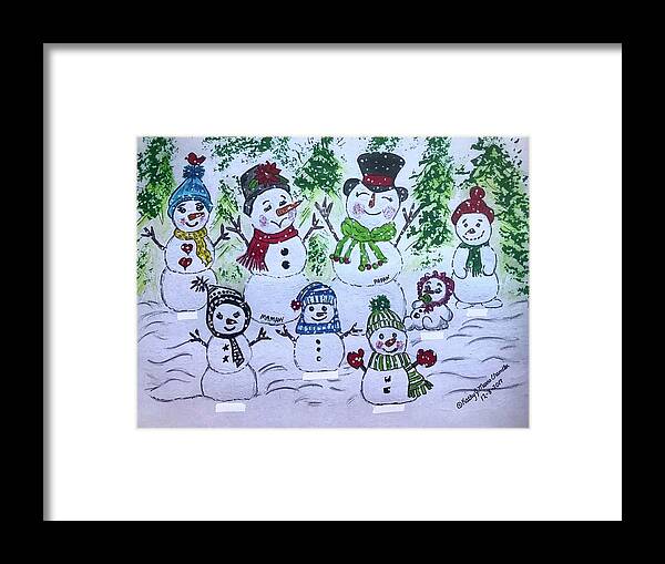 Movie Prop Framed Print featuring the painting Snowman Family Christmas by Kathy Marrs Chandler