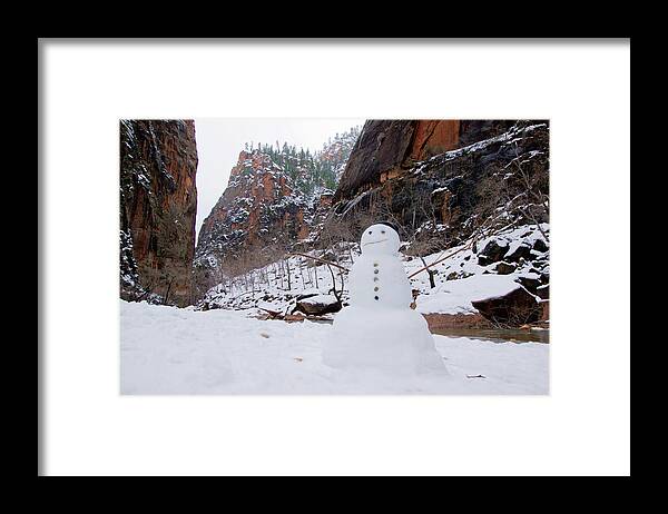 Zion Framed Print featuring the photograph Snowman in Zion by Daniel Woodrum