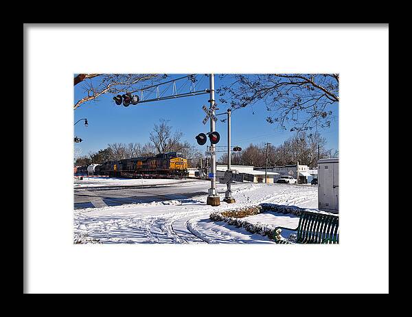 Train Framed Print featuring the photograph Snowy Freight by Linda Brown