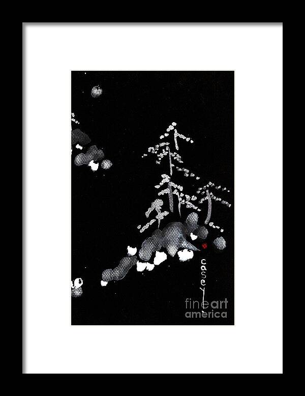 Sumi Framed Print featuring the painting Snowy Mountain Retreat by Casey Shannon