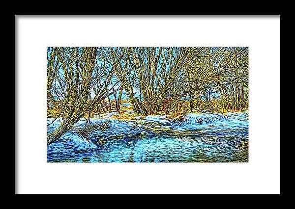 Joelbrucewallach Framed Print featuring the digital art Snowy Stream Journey by Joel Bruce Wallach