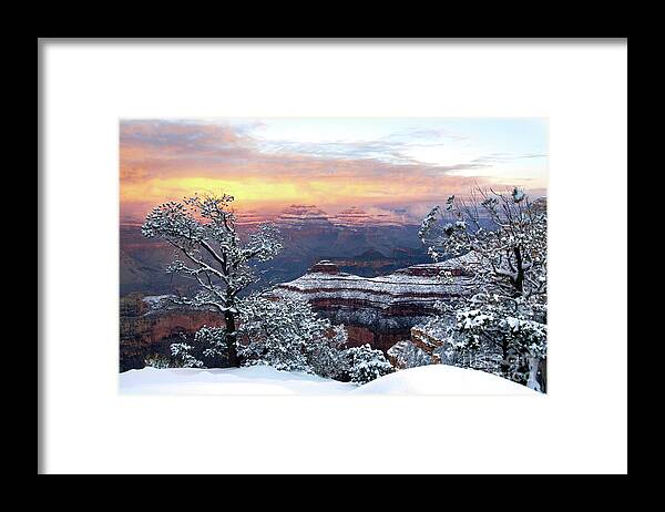 Sunrise Framed Print featuring the photograph Snowy Sunrise Grand Canyon AZ by Joanne West
