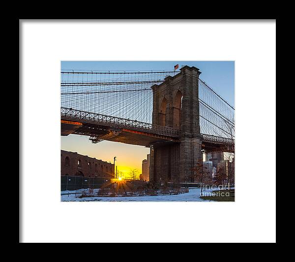 Brooklyn Bridge Framed Print featuring the photograph Snowy Sunset Under the Brooklyn Bridge by Alissa Beth Photography