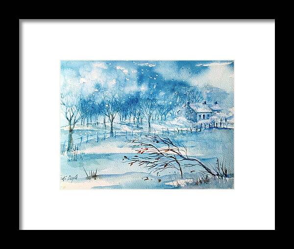  Falling Snow Framed Print featuring the painting Softly Falling Woodland Snow by Trudi Doyle