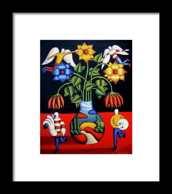 Softvase With Flowers And Figures Framed Print featuring the painting Softvase with flowers and figures by Alan Kenny