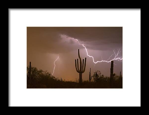 Lightning Framed Print featuring the photograph Sonoran Saguaro Southwest Desert Lightning Strike by James BO Insogna