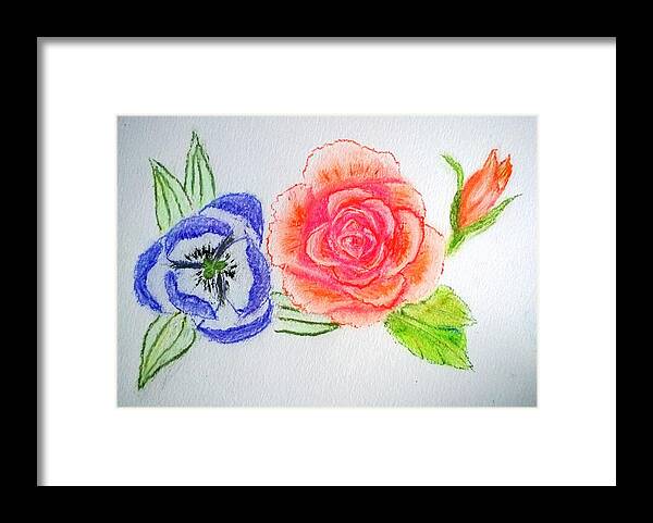 Sorrow Framed Print featuring the drawing Sorrow Orange Rose with Blue Tulip by Delynn Addams
